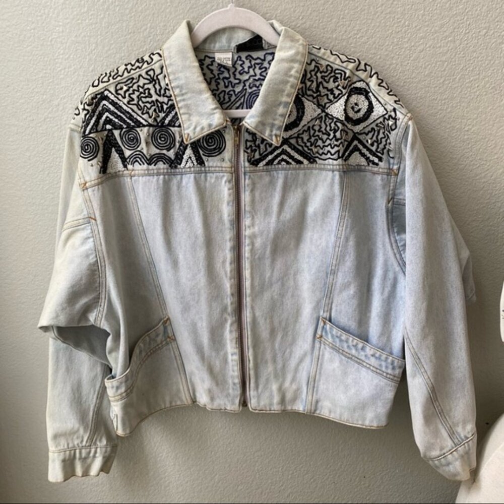 PIA RUCCI vintage light wash jean denim beaded embroidery oversized jacket L